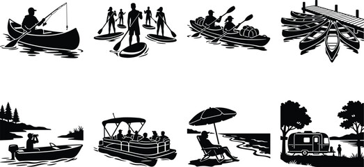 Water recreation silhouette set featuring fishing, stand up paddleboarding, kayaking, pontoon boating, beach relaxation, and camping by the lake © MdAbdur