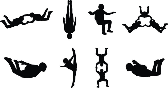 Vector Silhouette Set of Skydivers Performing Formation Skydiving Acrobatics and Freefall Maners in the Air