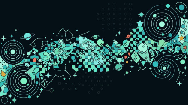 Abstrakcyjna ilustracja wektorowa przedstawiająca kosmiczny motyw z planetami, gwiazdami, galaktykami i geometrycznymi wzorami na ciemnym tle, idealna do projekt&oacute;w graficznych.
