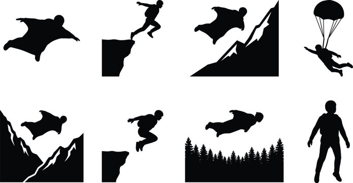 Wingsuit flying base jumping and extreme skydiving sport black silhouettes vector icon set isolated on white background