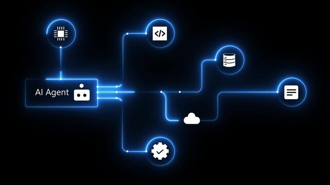 AI Agent algorithm workflow with automation programming icons for artificial general intelligence engine system, data analysis, coding development. Futuristic black background.