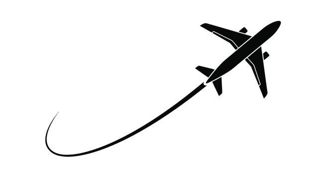 Minimalist black silhouette of a sleek passenger airplane flying upward with a curved vapor trail line featuring sharp geometric edges and high contrast vector graphic design elements isolated on whit