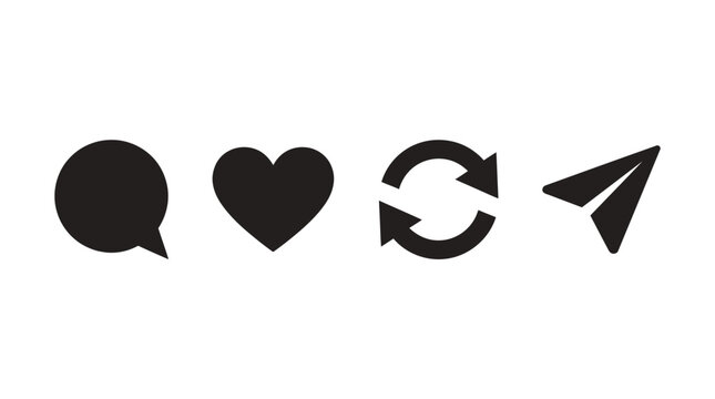 Minimalist black social media engagement icon set featuring a speech bubble heart symbol refresh arrows and a paper plane send button rendered in a clean vector style isolated on a plain white backgro