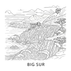 Fototapeta premium Big Sur Coastline California Black and White Line Art Drawing