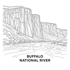 Fototapeta premium Buffalo National River Outline Drawing, Ozark Mountains Landscape, Arkansas Nature