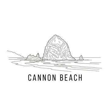 Cannon Beach Oregon Line Art Drawing Landscape with Haystack Rock