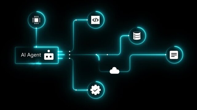 AI Agent algorithm workflow with automation programming icons for artificial general intelligence engine system, data analysis, coding development. Futuristic black background.