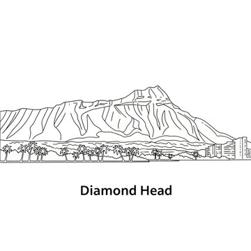Diamond Head Landmark Outline Drawing - Oahu Hawaii Tropical Scenery