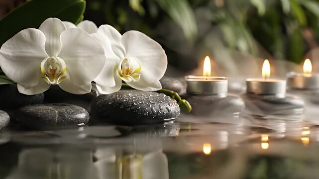 Serene Spa Arrangement with White Orchids and Floating Candles - A tranquil spa scene featuring delicate white orchids resting on smooth, wet stones, surrounded by gently steaming water.