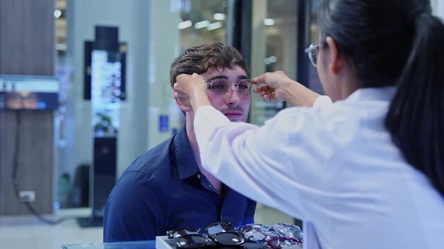 Optician helping a man choose the perfect eyewear in a contemporary optical shop setting