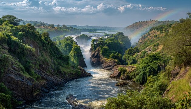 Breathtaking murchison falls waterfall landscape in uganda featuring cascading river water and a rainbow over the gorge