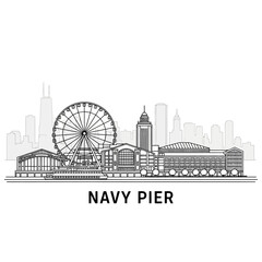 Obraz premium Navy Pier Skyline with Ferris Wheel in Chicago - Black and White Line Art
