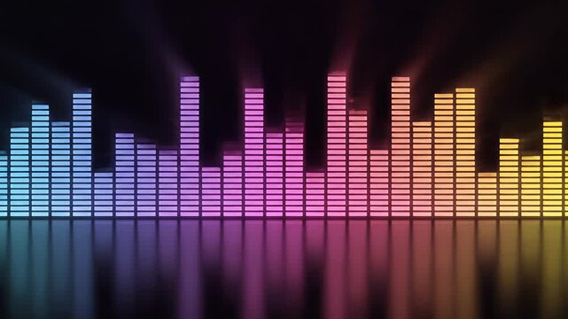 Digital Audio Equalizer Spectrum Reflection - A vibrant digital audio equalizer displays a spectrum of colored bars, transitioning from blue and purple to yellow.