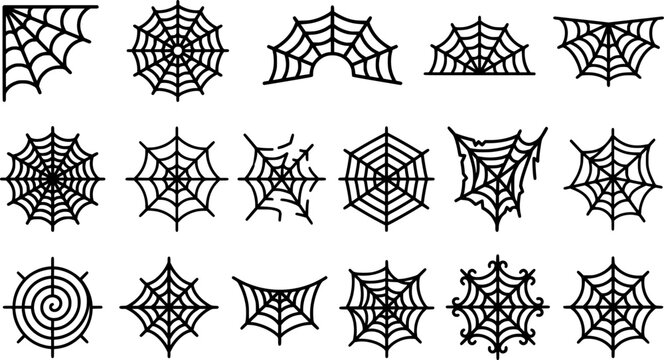Black Spider Web Icon Set Vector Illustration with Halloween Cobweb Symbols on White Background
