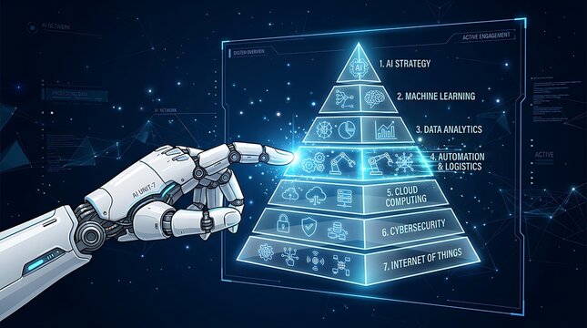 Robot finger points to AI pyramid with technology layers