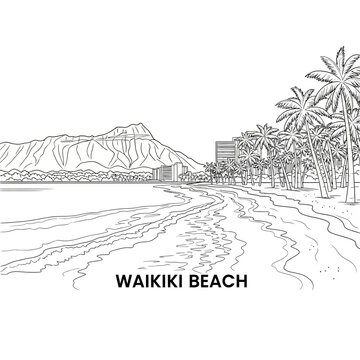 Waikiki Beach Oahu Hawaii Palm Trees Ocean Mountain Line Art Drawing