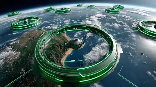 Orbiting Habitats Above Earth: Futuristic ring-shaped space stations, glowing with green lights, orbit the Earth, showcasing a vision of off-world colonization and advanced technology.