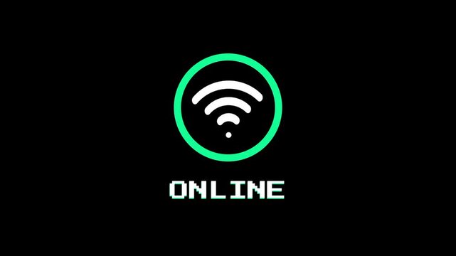 A bold animated icon showing a large bright green wifi ring symbol with the green pixel-text ONLINE underneath on a dark background confirming connectivity
