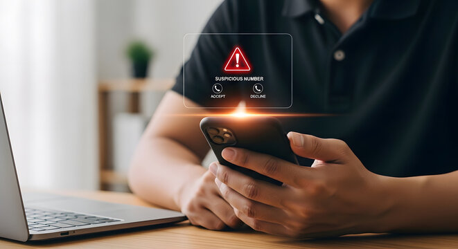Man holding smartphone with holographic suspicious number warning and incoming scam call alert.