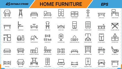 Home furniture icon set featuring interior design items seating tables bedroom and storage cabinets. © Bellal Icon Studio
