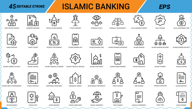 Islamic banking and sharia finance icon set for ethical investment wealth and halal money services.