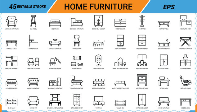 Home furniture icon set featuring interior design items seating tables bedroom and storage cabinets.