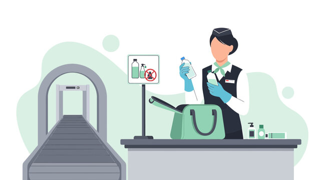 Airport security checking liquids at checkpoint with scanner and bag.