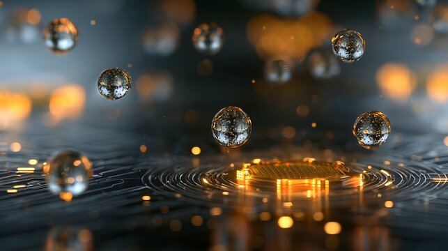Nanomedicine technology concept, microscopic transparent nanoparticles floating over glowing semiconductor laboratory surface,