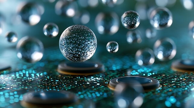 Nanomedicine technology concept, microscopic transparent nanoparticles floating over glowing semiconductor laboratory surface,