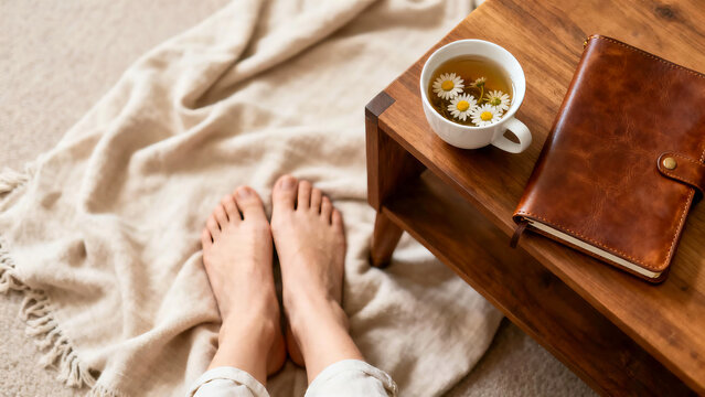 POV of feet on linen blanket next to tea and notebook