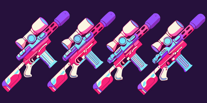 Stylized Water Blasters Isometric Vector Illustration With Pink And Blue Tones