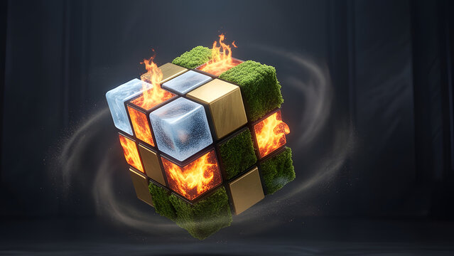 Floating magic cube made of elemental blocks like fire, water, earth, and gold, surreal environmental puzzle.
