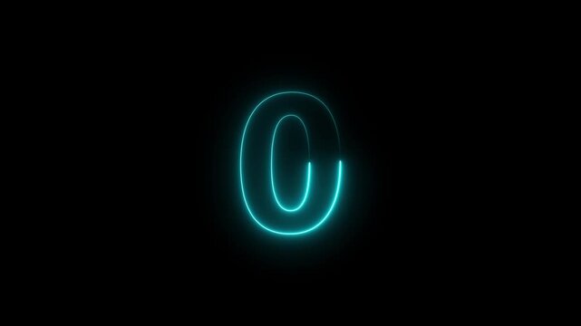 Neon glowing number zero animation, cyan electric light effect on black background, digital countdown timer for motion and broadcast,4k video.