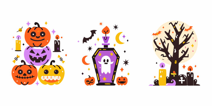 Halloween themed vector illustrations with pumpkins coffins and spooky trees
