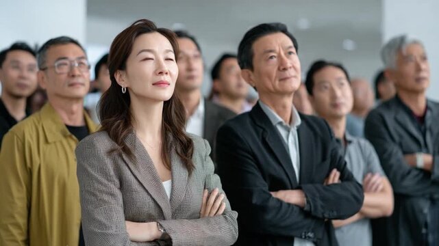Diverse Professionals Anticipating Opportunity: A group of professionals, diverse in age and gender, stand with anticipation, their gazes fixed upward.
