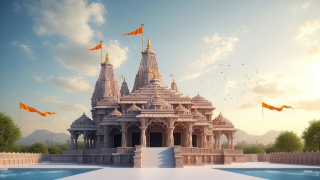 Ornate Hindu temple with orange flags against a soft sky