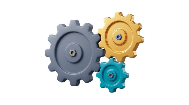 Three interlocking gear cogs in grey gold and blue colors representing teamwork