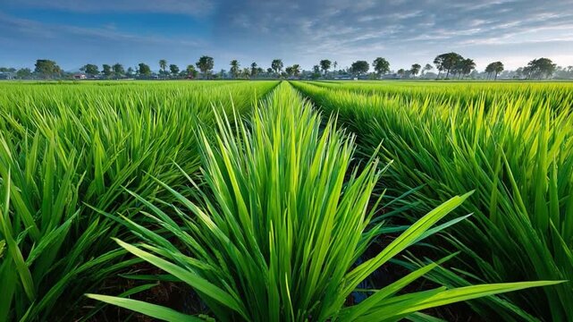 Vast Green Rice Paddy Field: An endless expanse of vibrant green rice paddy under a clear blue sky, with rows of young plants stretching towards the horizon.
