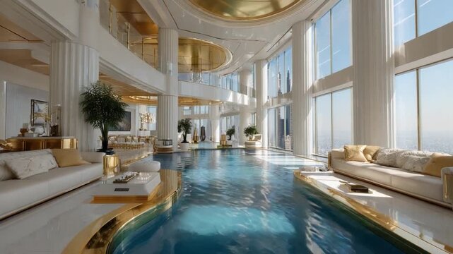 Opulent Indoor Pool Villa: A lavish villa features a stunning indoor swimming pool surrounded by luxurious seating and expansive windows offering breathtaking views.