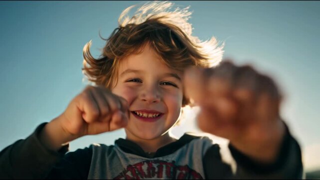 Low-angle view of a smiling young boy with windblown hair playfully fighting with the camera showing his determination and tenacity
