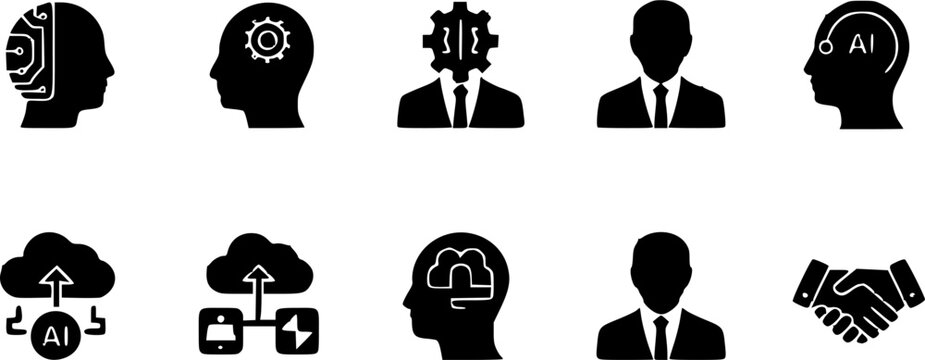 Minimalist artificial intelligence human resources and workforce management vector silhouette icon set featuring cybernetic cyborg profile, head with mechanism gear, executive manager with gear brain