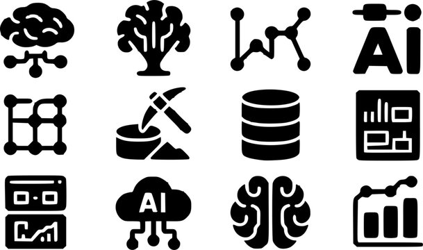 Minimalist artificial intelligence data mining and machine learning vector silhouette icon set featuring a human brain neural network, decision tree, line chart nodes, AI typography, data structure 