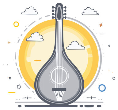 Illustration of a traditional mandolin with clouds and sun in vector design