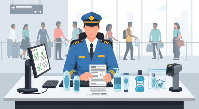 Airport Security Checkpoint: Officer Inspecting Liquids and Items