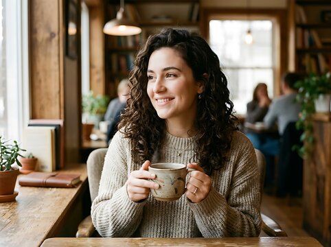 Woman smiling while holding a small dog indoors.