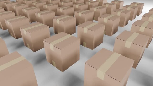  A close-up of many cardboard boxes, then back to the main view&mdash;3D modeling (can be played on a loop)