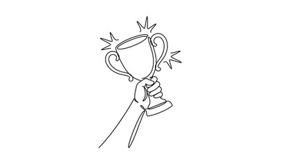 Fototapeta premium One line hand lifting trophy cup vector illustration representing success and victory