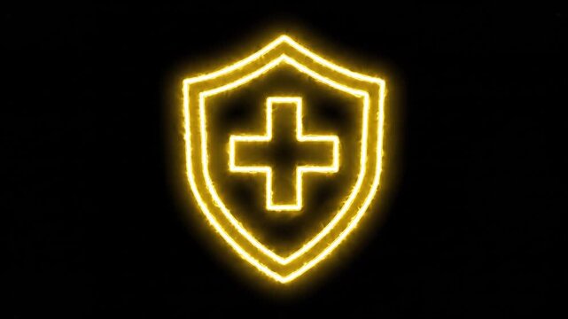 Neon Medical Shield Glowing Animation Icon Representing Health Protection and Safety Measures on Black Background