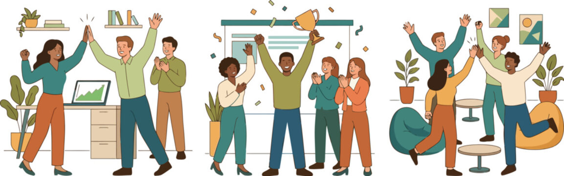Successful business team celebrating achievement, diverse office colleagues cheering with trophy, happy professional workers high fiving for goal accomplishment