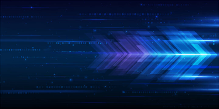 Futuristic digital arrow symbolizing speed and progress, set against a dark blue background with glowing light streaks and binary code elements.